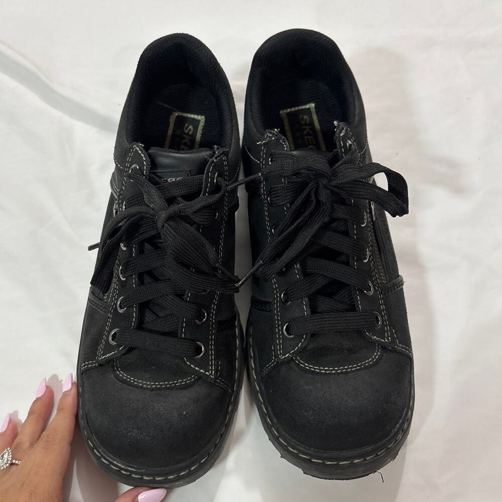 Vintage Y2K Skechers Women 8.5 Tredd Jammers Black Leather Chunky Shoes Sneakers - Picture 2 of 9